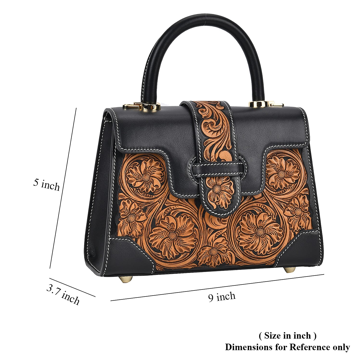 Grand Pelle Royal Collection Black with Solid Color Hand Engraving Flower Pattern Genuine Leather Crossbody Bag with Handle Drop and Shoulder Strap