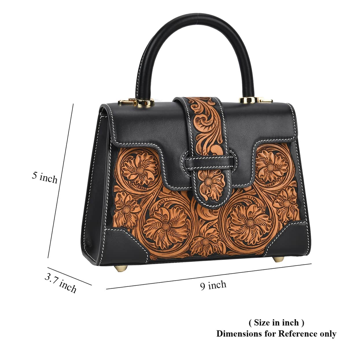 Grand Pelle Black with Solid Color Hand Engraving Flower Pattern Genuine Leather Crossbody Bag (9"x6.5"x3.7") with Handle Drop and Shoulder Strap image number 5