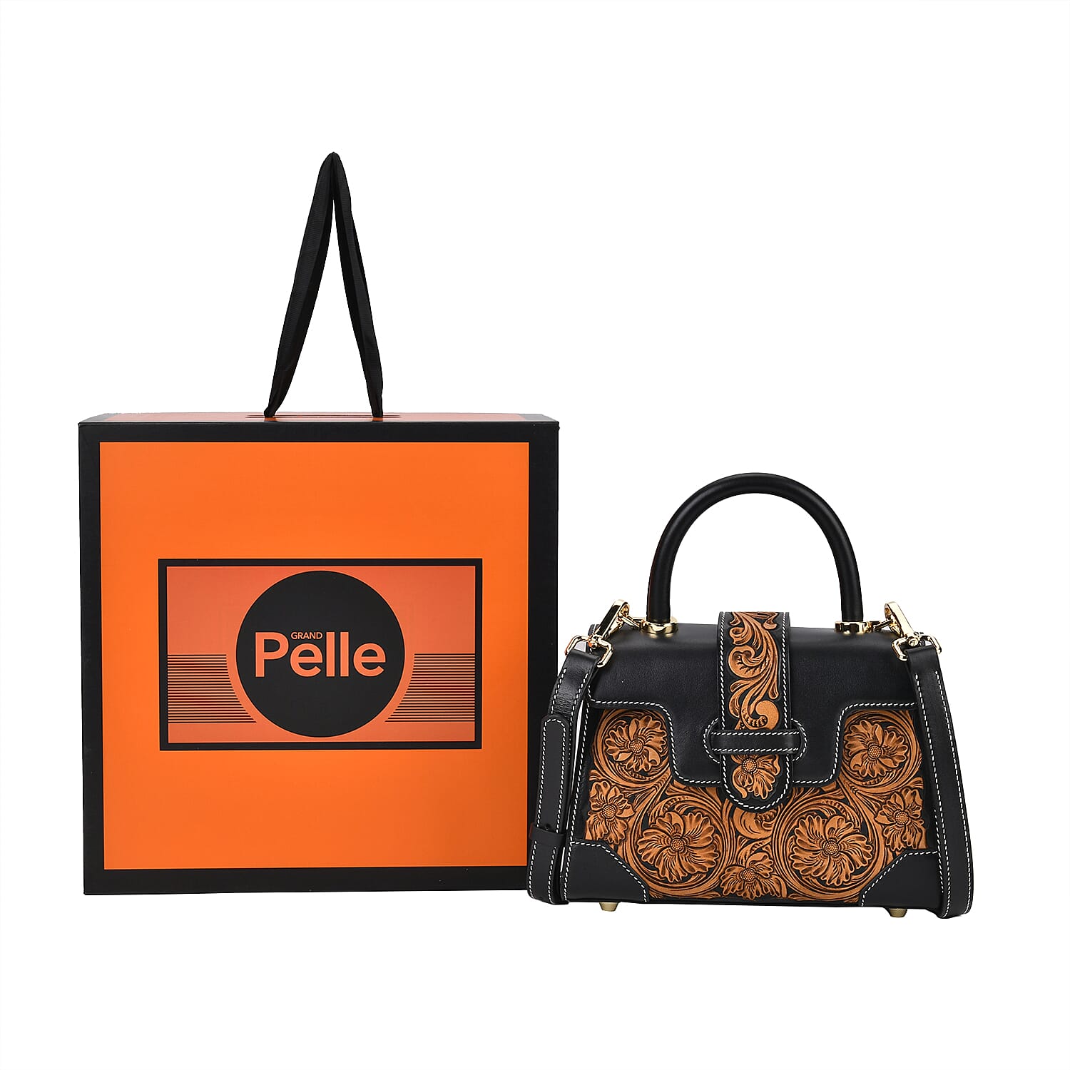 Grand Pelle Royal Collection Black with Solid Color Hand Engraving Flower Pattern Genuine Leather Crossbody Bag with Handle Drop and Shoulder Strap