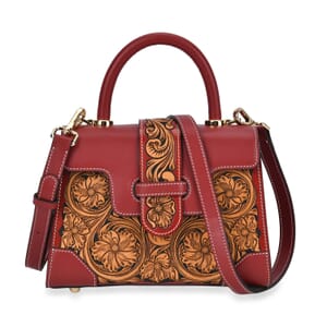 Grand Pelle Royal Collection Red with Solid Color Hand Engraving Flower Pattern Genuine Leather Crossbody Bag with Handle Drop and Shoulder Strap