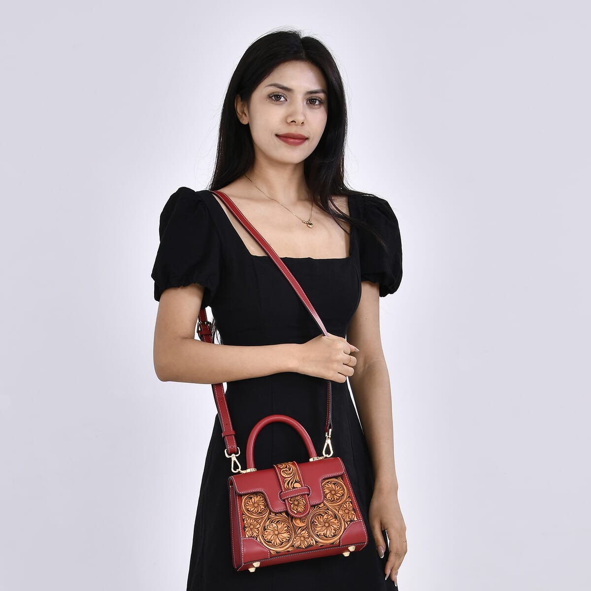 Grand Pelle Royal Collection Red with Solid Color Hand Engraving Flower Pattern Genuine Leather Crossbody Bag with Handle Drop and Shoulder Strap image number 1