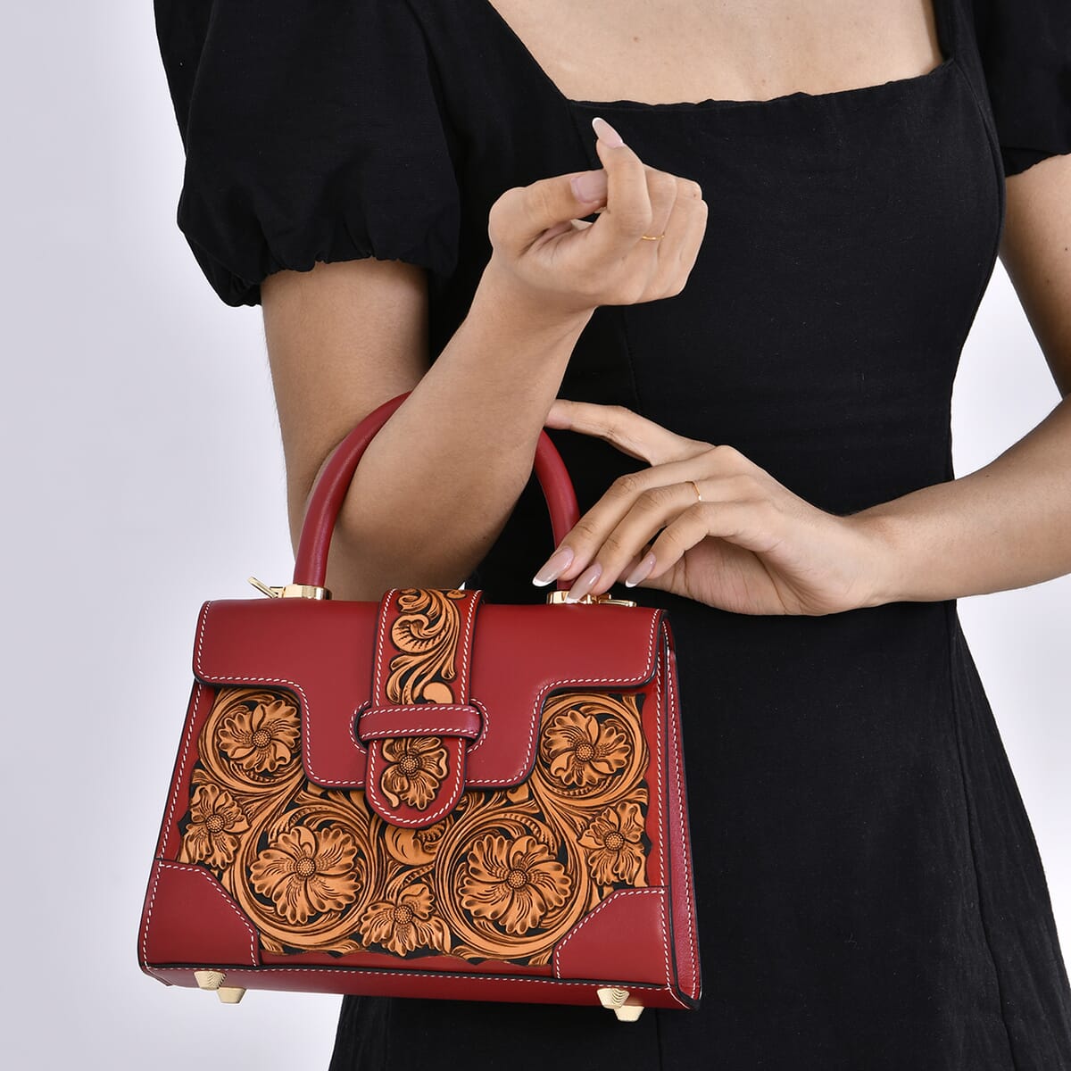 Grand Pelle Royal Collection Red with Solid Color Hand Engraving Flower Pattern Genuine Leather Crossbody Bag with Handle Drop and Shoulder Strap image number 2