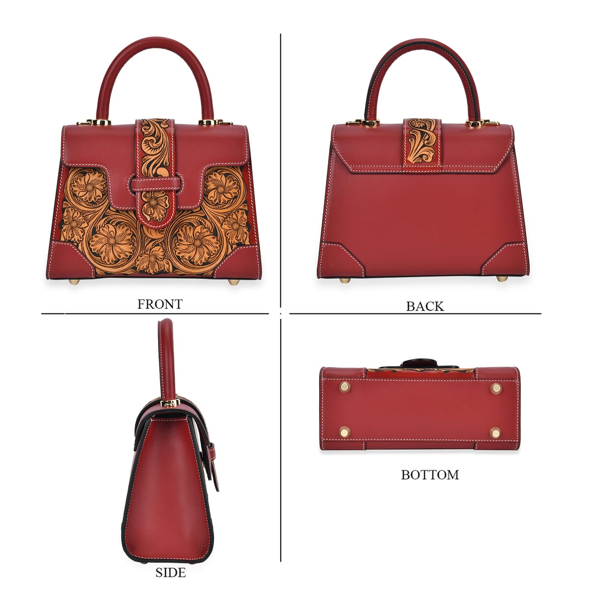 Grand Pelle Royal Collection Red with Solid Color Hand Engraving Flower Pattern Genuine Leather Crossbody Bag with Handle Drop and Shoulder Strap image number 3