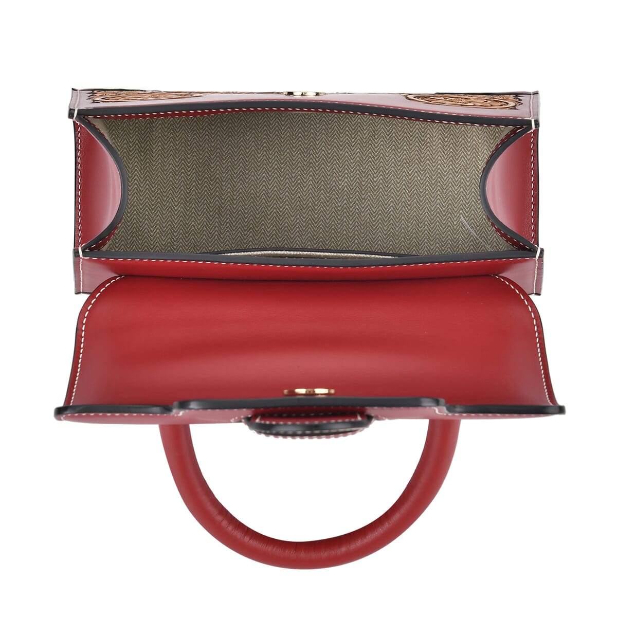 Grand Pelle Royal Collection Red with Solid Color Hand Engraving Flower Pattern Genuine Leather Crossbody Bag with Handle Drop and Shoulder Strap image number 4