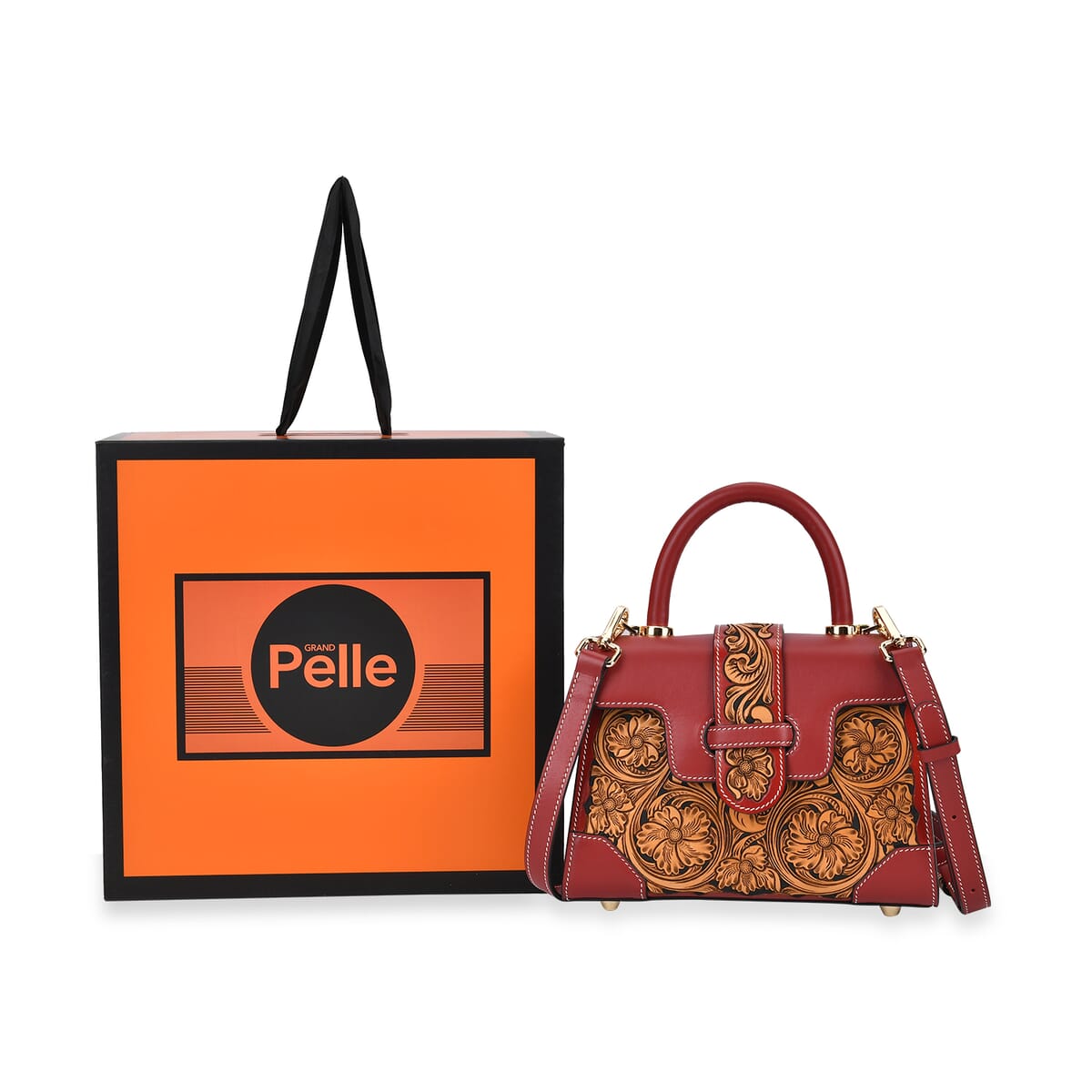 Grand Pelle Royal Collection Red with Solid Color Hand Engraving Flower Pattern Genuine Leather Crossbody Bag with Handle Drop and Shoulder Strap image number 5