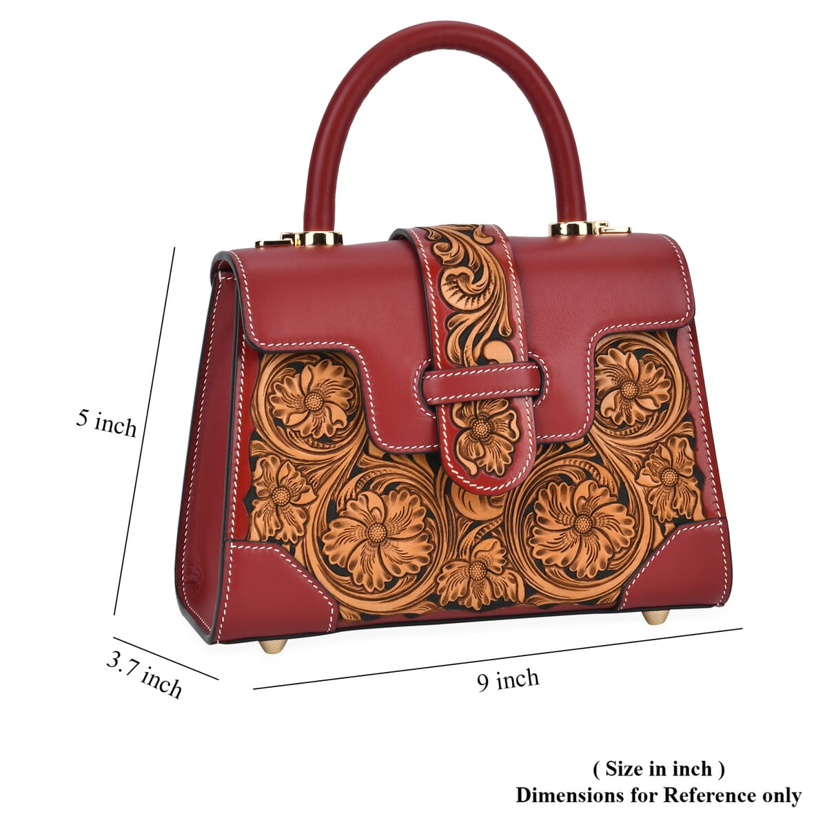 Grand Pelle Royal Collection Red with Solid Color Hand Engraving Flower Pattern Genuine Leather Crossbody Bag with Handle Drop and Shoulder Strap image number 6