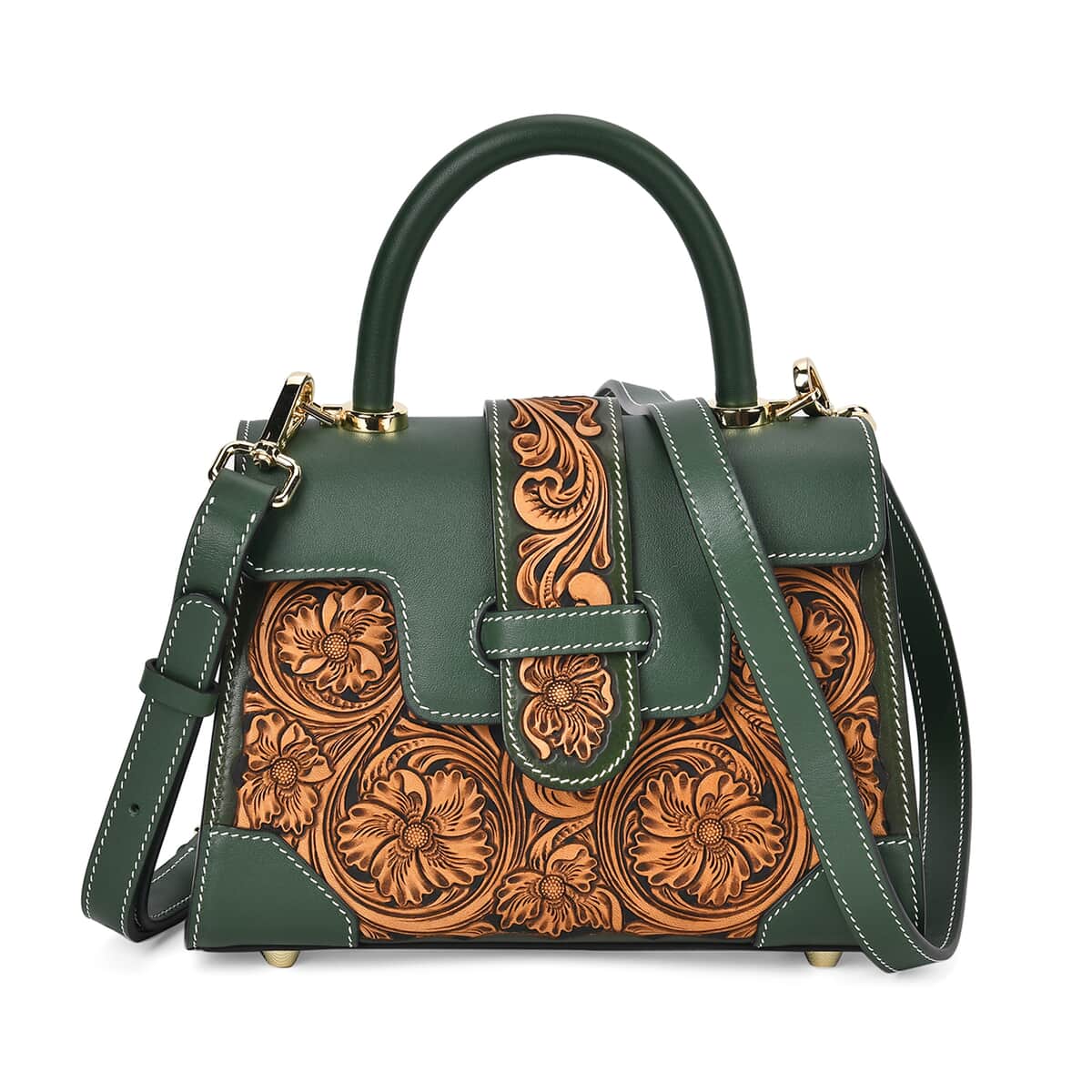 Grand Pelle Royal Collection Green with Solid Color Hand Engraving Flower Pattern Genuine Leather Crossbody Bag with Handle Drop and Shoulder Strap image number 0