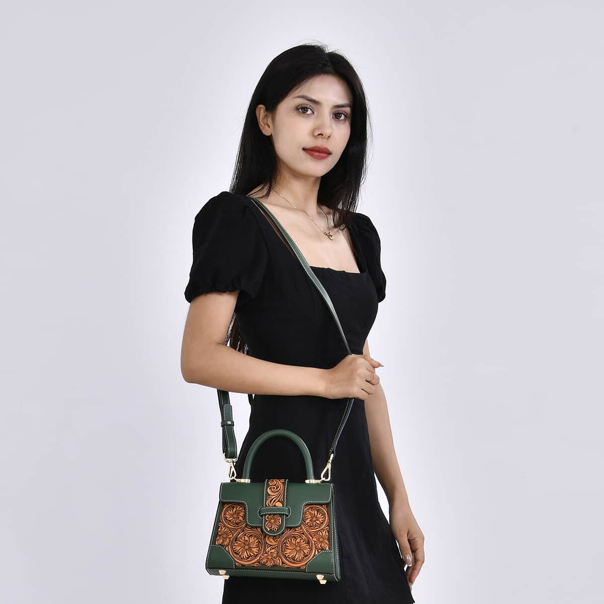 Grand Pelle Royal Collection Green with Solid Color Hand Engraving Flower Pattern Genuine Leather Crossbody Bag with Handle Drop and Shoulder Strap image number 1