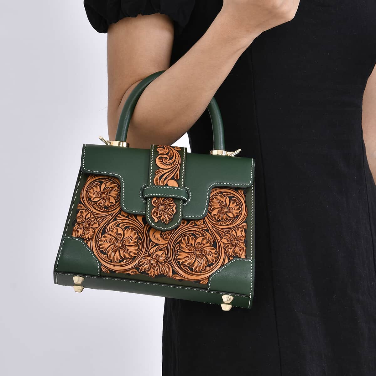 Grand Pelle Royal Collection Green with Solid Color Hand Engraving Flower Pattern Genuine Leather Crossbody Bag with Handle Drop and Shoulder Strap image number 2