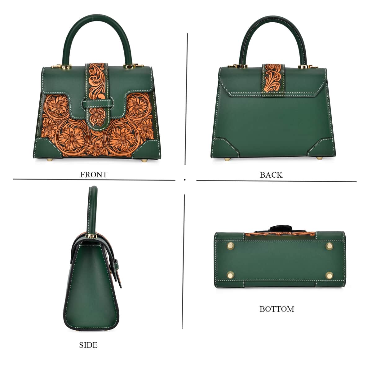 Grand Pelle Royal Collection Green with Solid Color Hand Engraving Flower Pattern Genuine Leather Crossbody Bag with Handle Drop and Shoulder Strap image number 3