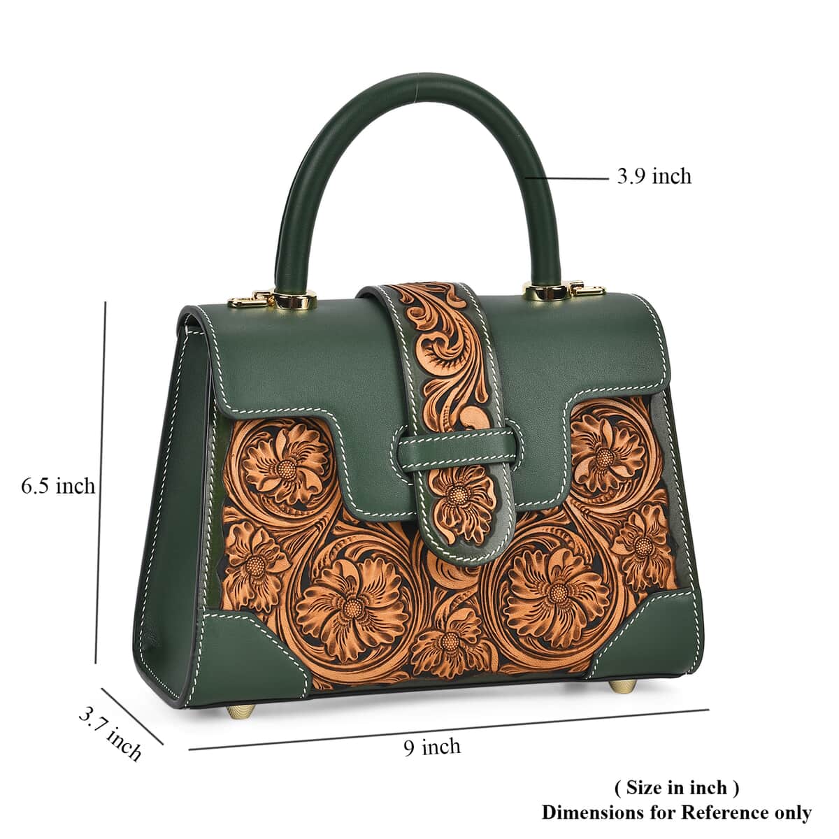 Grand Pelle Royal Collection Green with Solid Color Hand Engraving Flower Pattern Genuine Leather Crossbody Bag with Handle Drop and Shoulder Strap image number 6