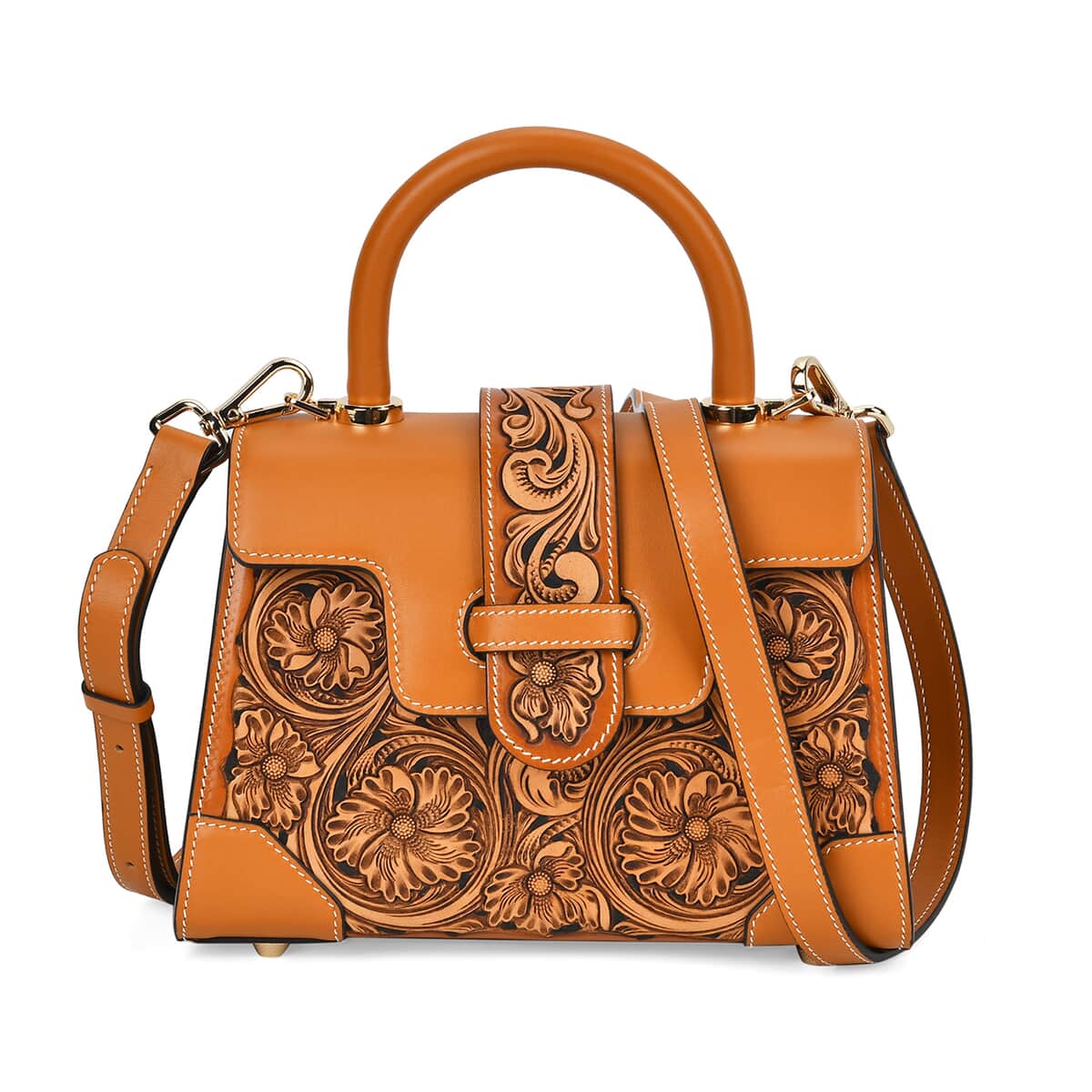 Grand Pelle Royal Collection Orange with Solid Color Hand Engraving Flower Pattern Genuine Leather Crossbody Bag with Handle Drop and Shoulder Strap image number 0