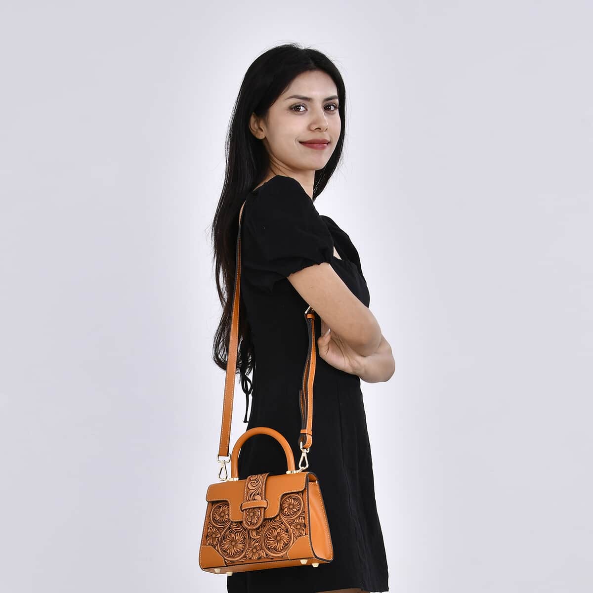 Grand Pelle Royal Collection Orange with Solid Color Hand Engraving Flower Pattern Genuine Leather Crossbody Bag with Handle Drop and Shoulder Strap image number 1