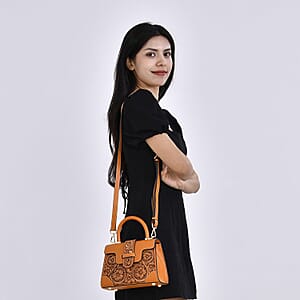 Grand Pelle Royal Collection Orange with Solid Color Hand Engraving Flower Pattern Genuine Leather Crossbody Bag with Handle Drop and Shoulder Strap