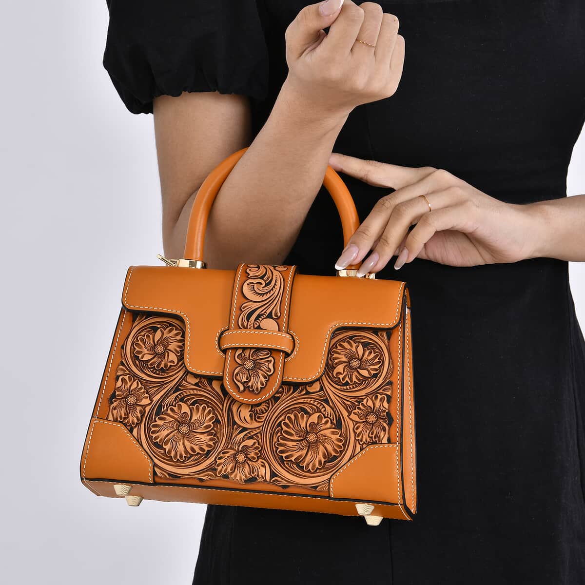 Grand Pelle Royal Collection Orange with Solid Color Hand Engraving Flower Pattern Genuine Leather Crossbody Bag with Handle Drop and Shoulder Strap image number 2