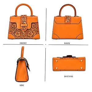 Grand Pelle Royal Collection Orange with Solid Color Hand Engraving Flower Pattern Genuine Leather Crossbody Bag with Handle Drop and Shoulder Strap