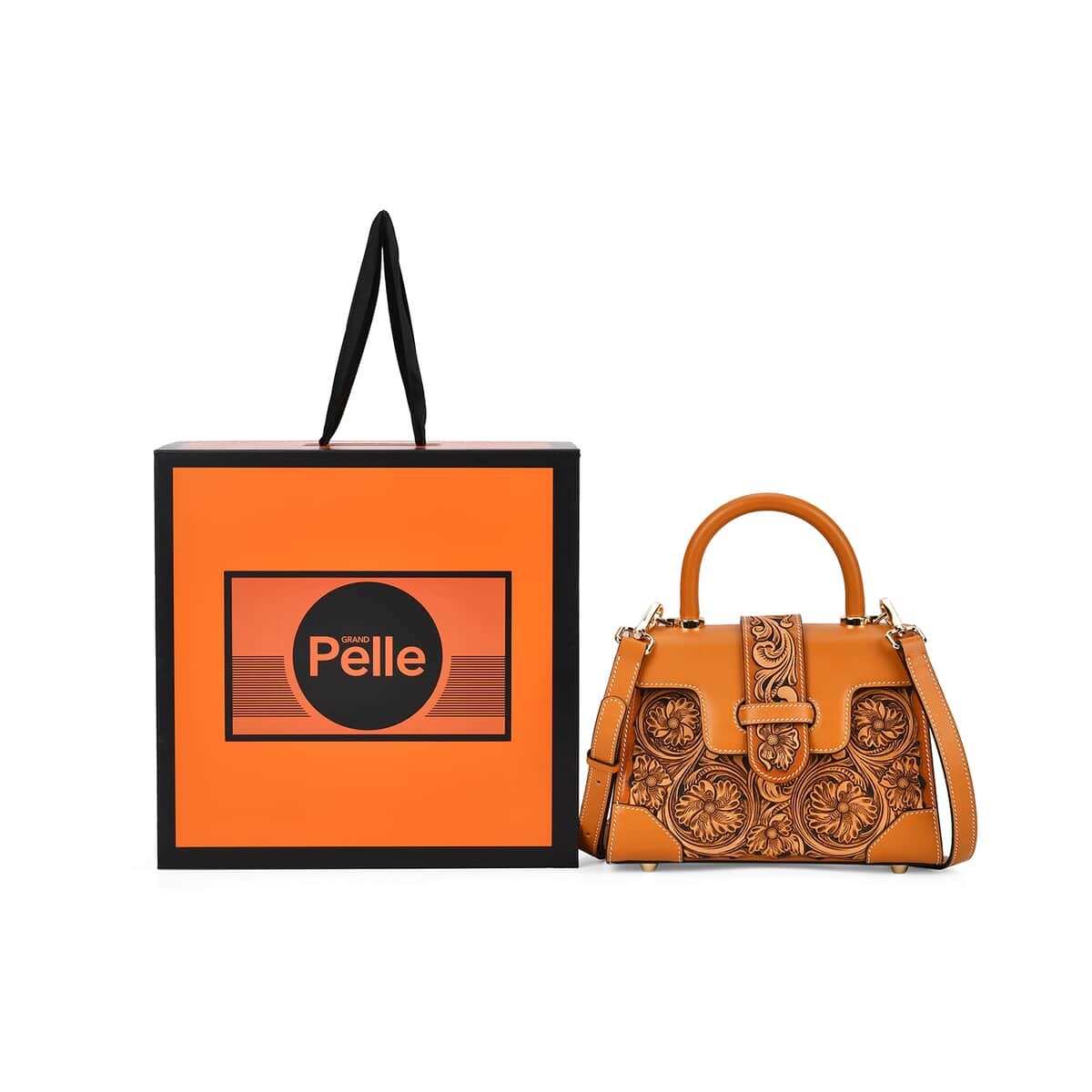 Grand Pelle Royal Collection Orange with Solid Color Hand Engraving Flower Pattern Genuine Leather Crossbody Bag with Handle Drop and Shoulder Strap image number 5