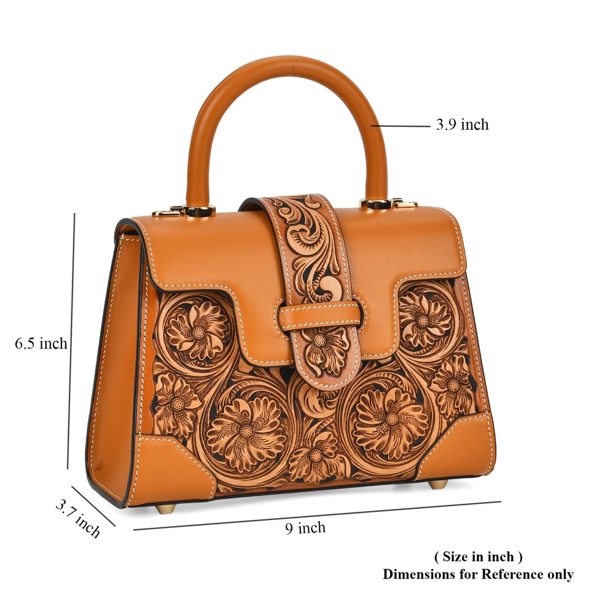 Grand Pelle Royal Collection Orange with Solid Color Hand Engraving Flower Pattern Genuine Leather Crossbody Bag with Handle Drop and Shoulder Strap image number 6