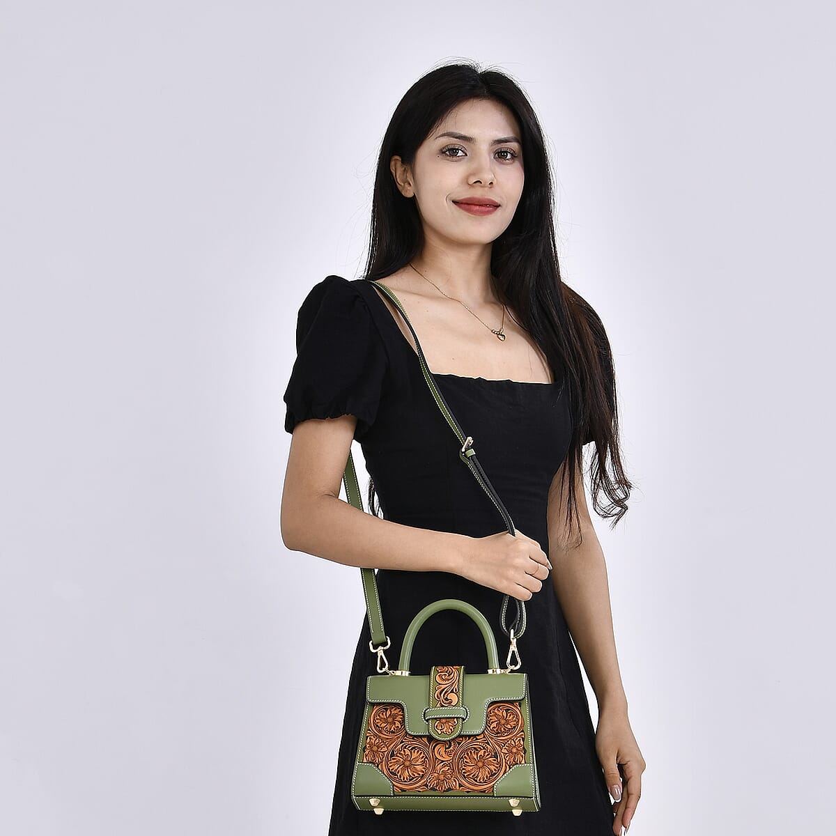Grand Pelle Royal Collection Light Green with Solid Color Hand Engraving Flower Pattern Genuine Leather Crossbody Bag with Handle Drop and Shoulder Strap image number 1