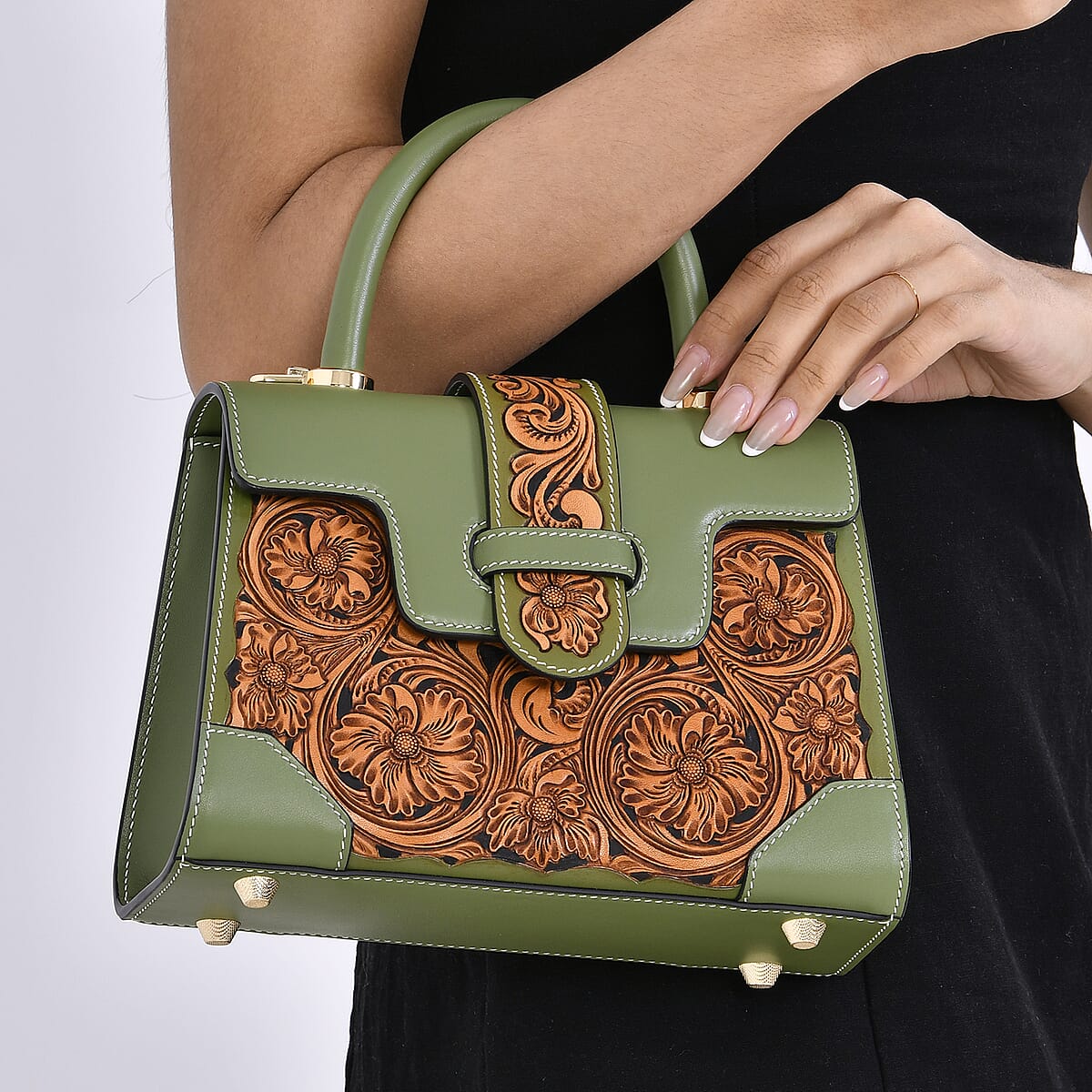Grand Pelle Royal Collection Light Green with Solid Color Hand Engraving Flower Pattern Genuine Leather Crossbody Bag with Handle Drop and Shoulder Strap image number 2