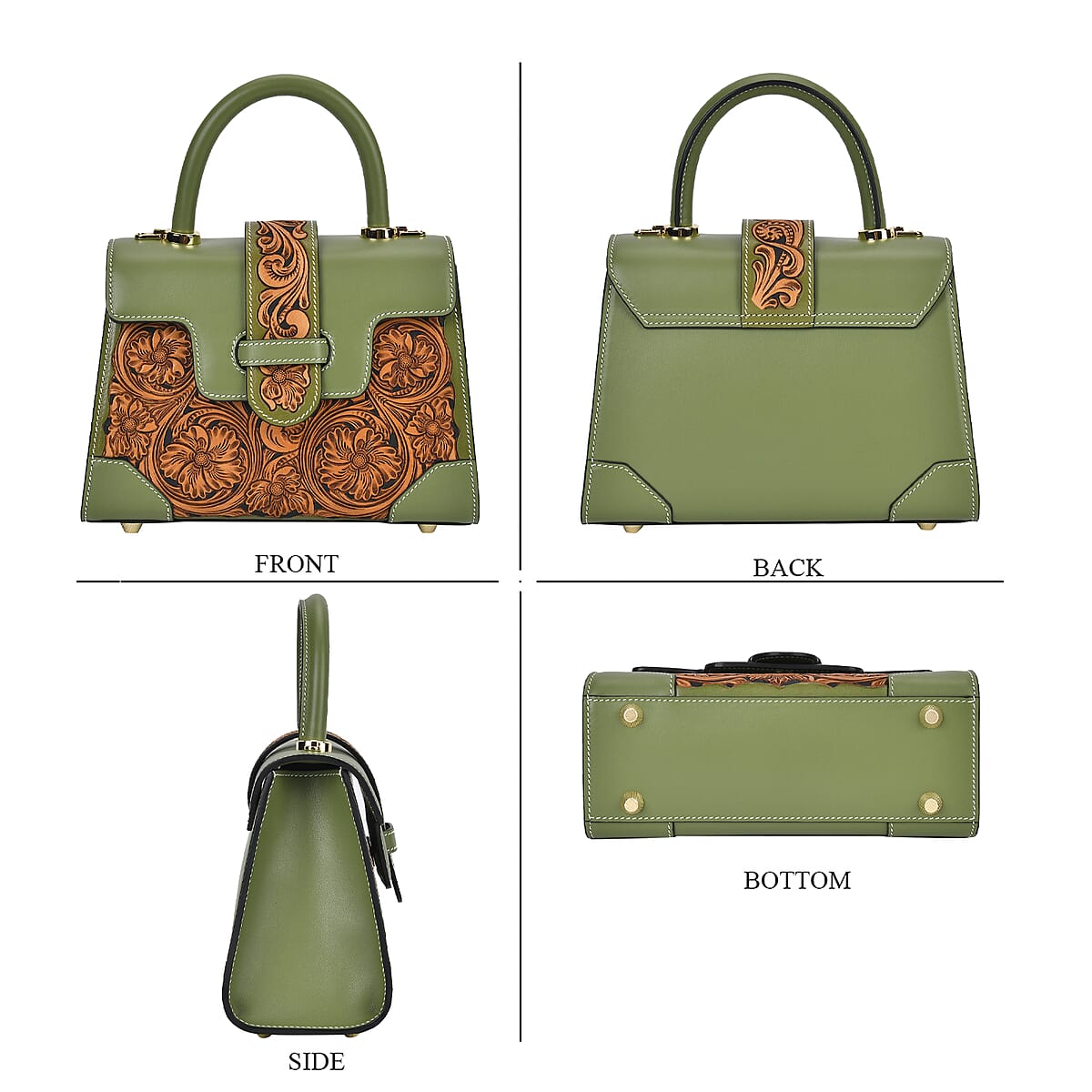 Grand Pelle Royal Collection Light Green with Solid Color Hand Engraving Flower Pattern Genuine Leather Crossbody Bag with Handle Drop and Shoulder Strap image number 3