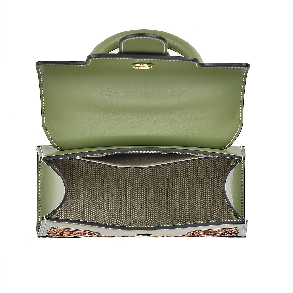 Grand Pelle Royal Collection Light Green with Solid Color Hand Engraving Flower Pattern Genuine Leather Crossbody Bag with Handle Drop and Shoulder Strap image number 4