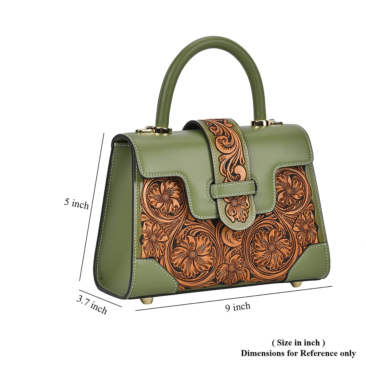 Grand Pelle Royal Collection Light Green with Solid Color Hand Engraving Flower Pattern Genuine Leather Crossbody Bag with Handle Drop and Shoulder Strap image number 5