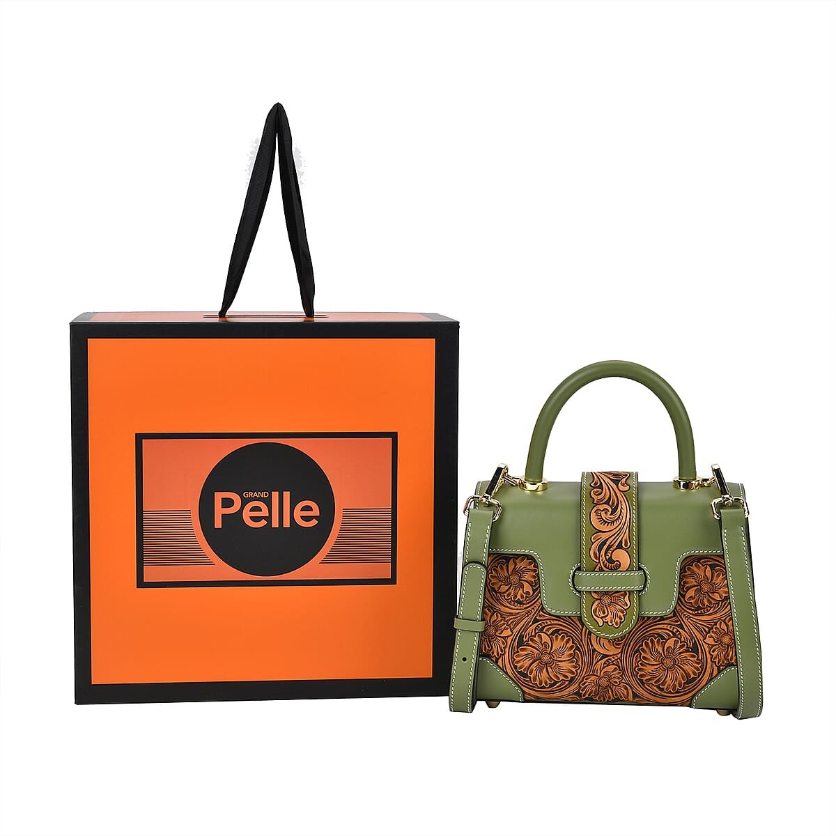 Grand Pelle Royal Collection Light Green with Solid Color Hand Engraving Flower Pattern Genuine Leather Crossbody Bag with Handle Drop and Shoulder Strap image number 6