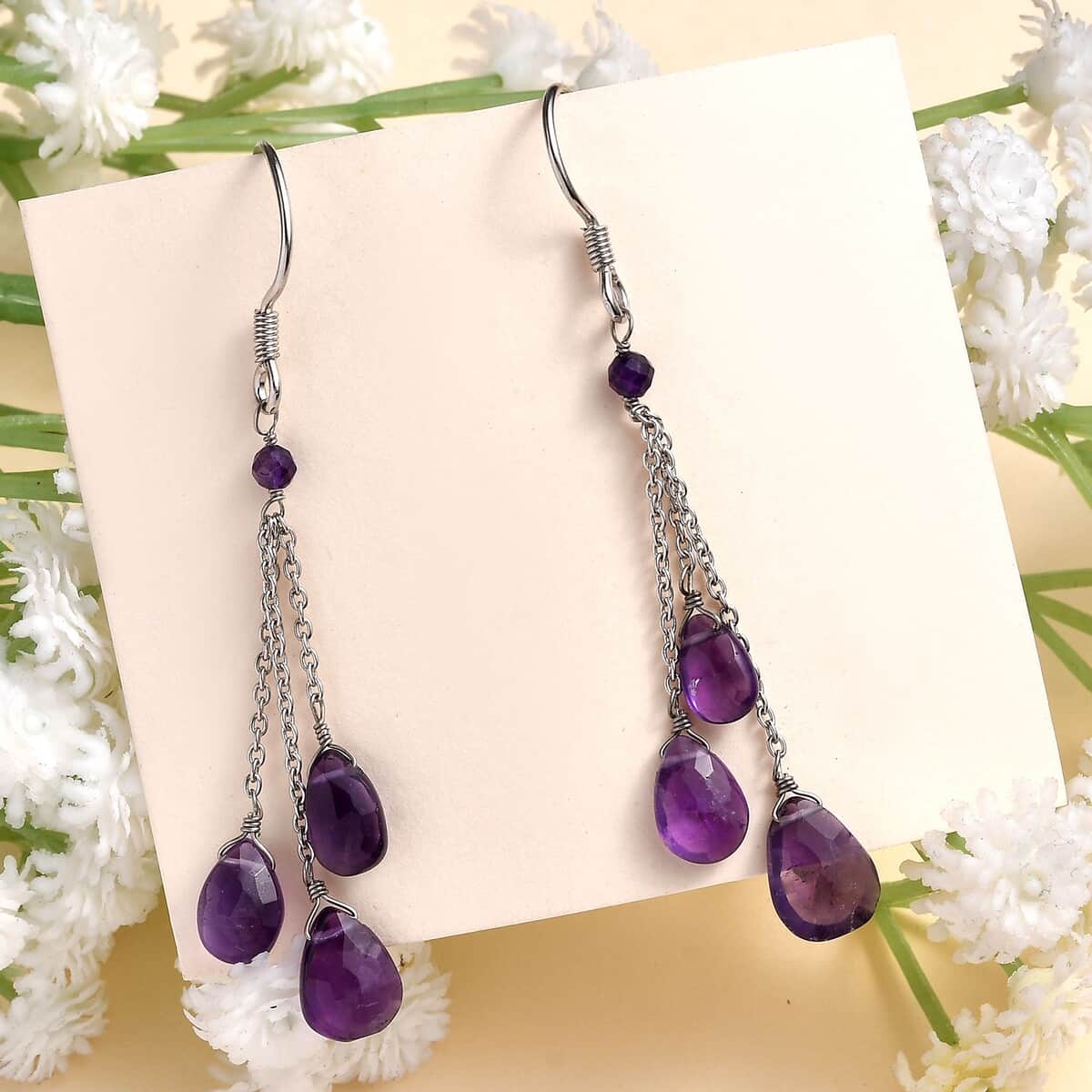 African Amethyst Drop Earrings in Rhodium Over Sterling Silver 15.20 ctw image number 1
