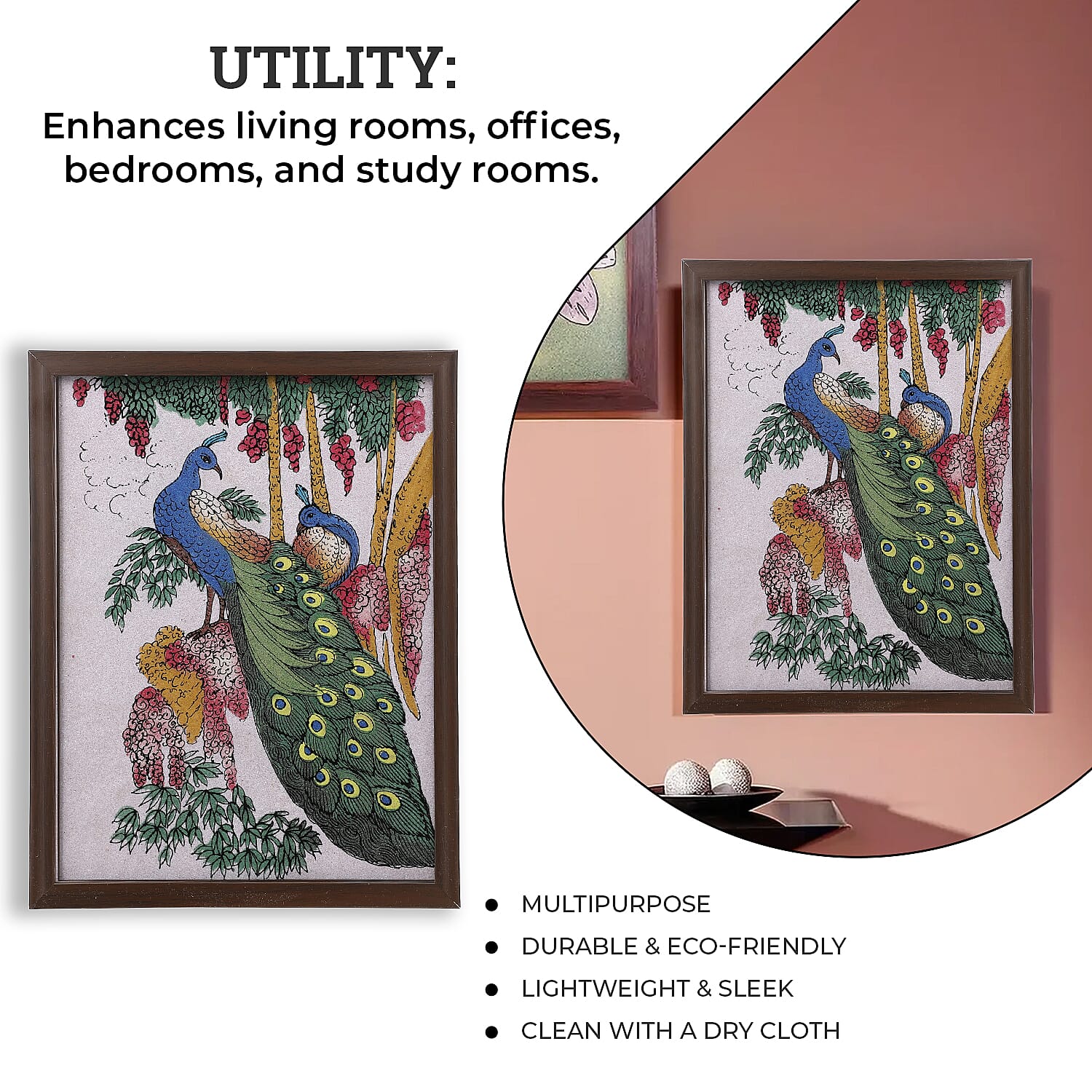 Handcrafted Gemstone Peacock Wall Painting (0.88 lbs)