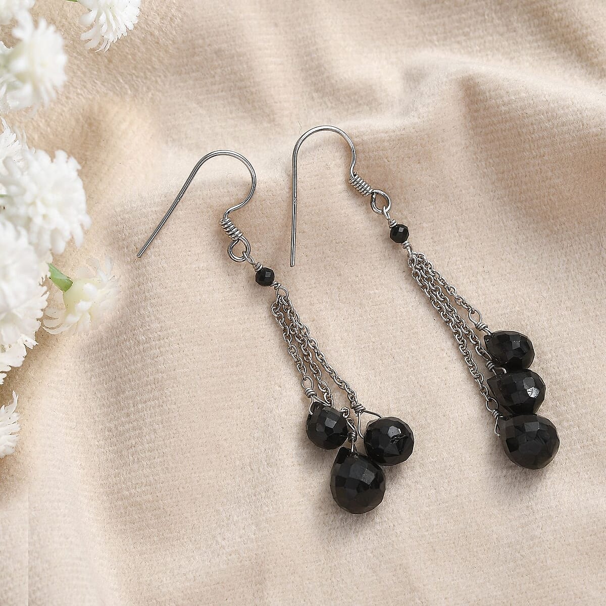 Thai Black Spinel Drop Earrings in Rhodium Over Sterling Silver 25.40 ctw image number 1