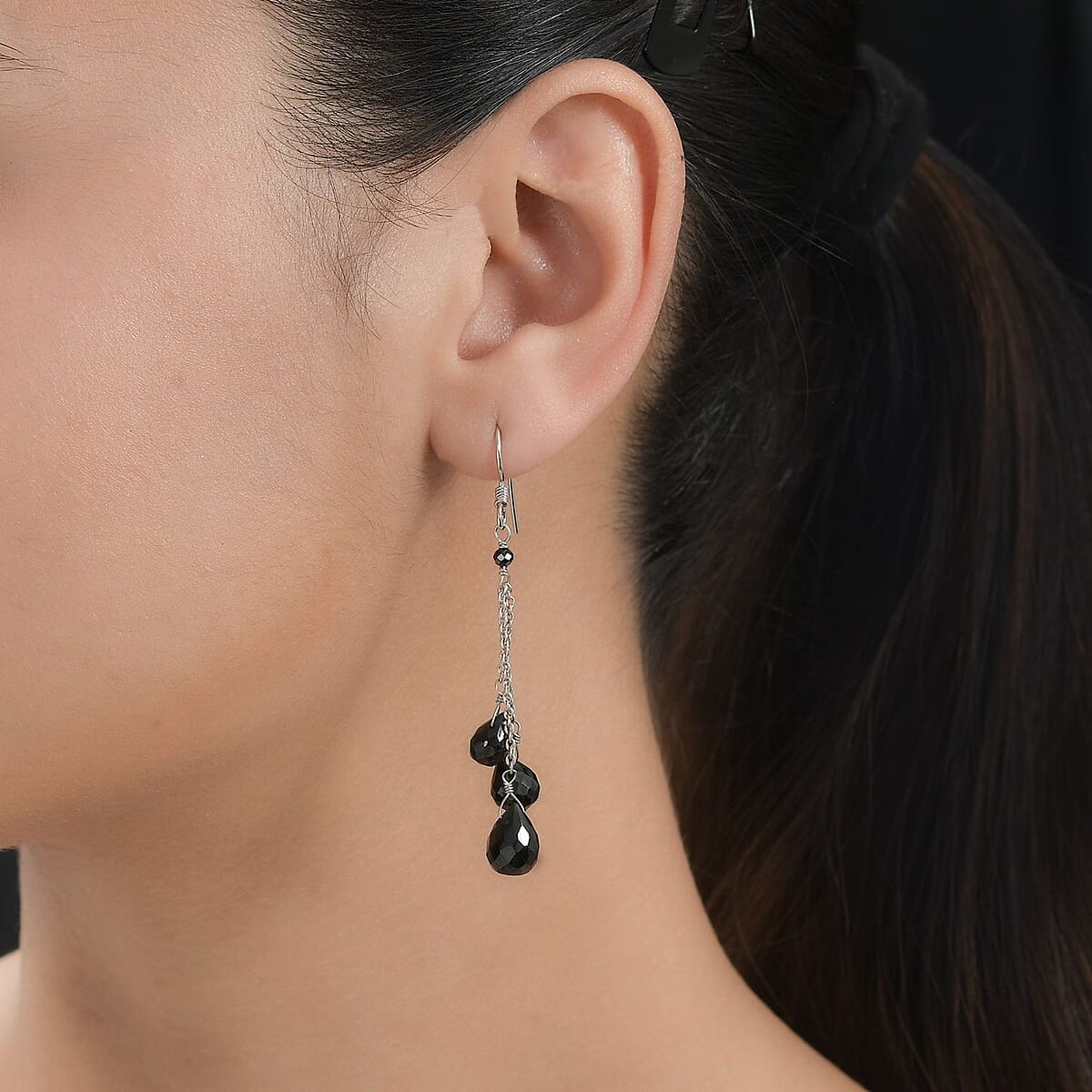 Thai Black Spinel Drop Earrings in Rhodium Over Sterling Silver 25.40 ctw image number 2