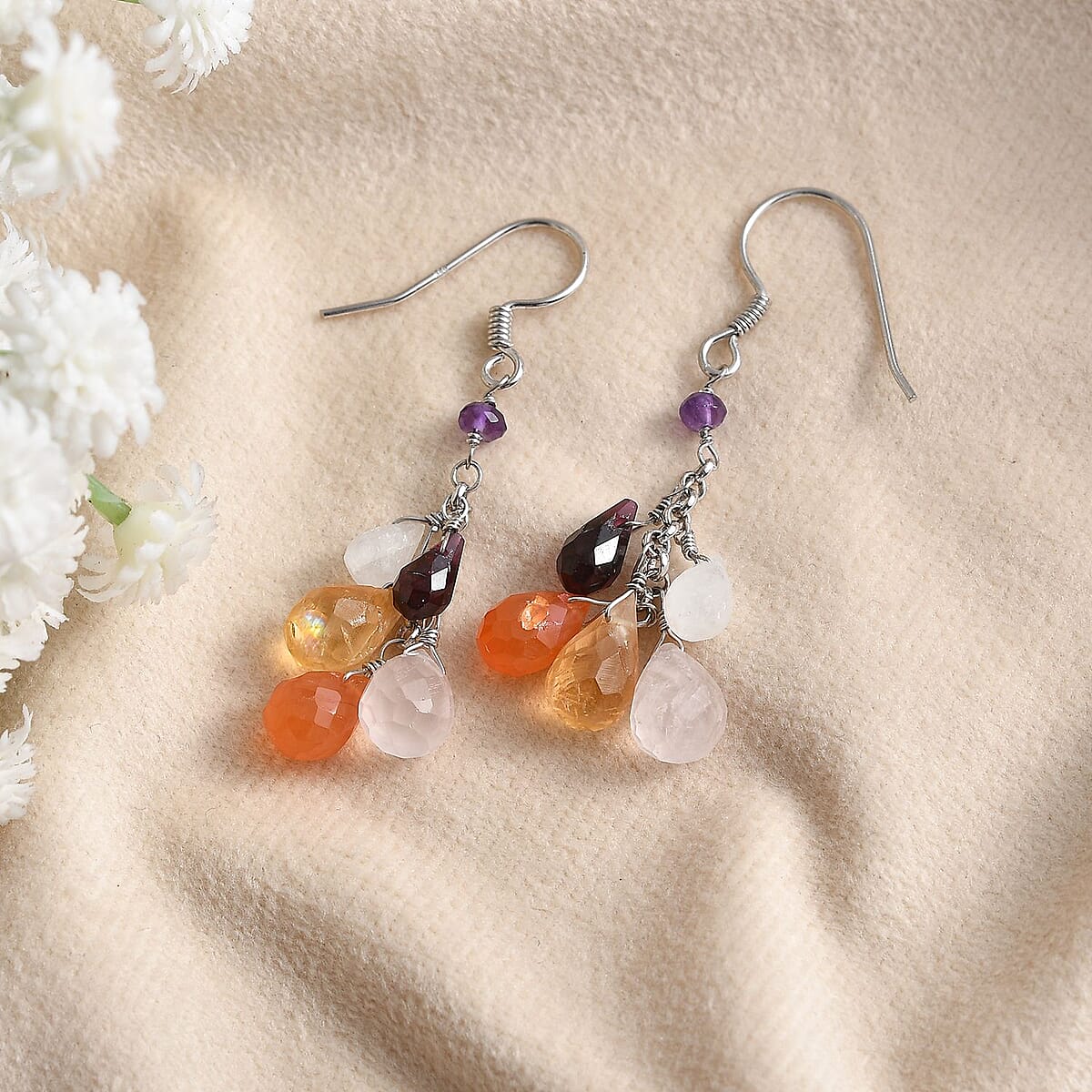 Multi Gemstone Drop Earrings in Rhodium Over Sterling Silver 21.00 ctw image number 1