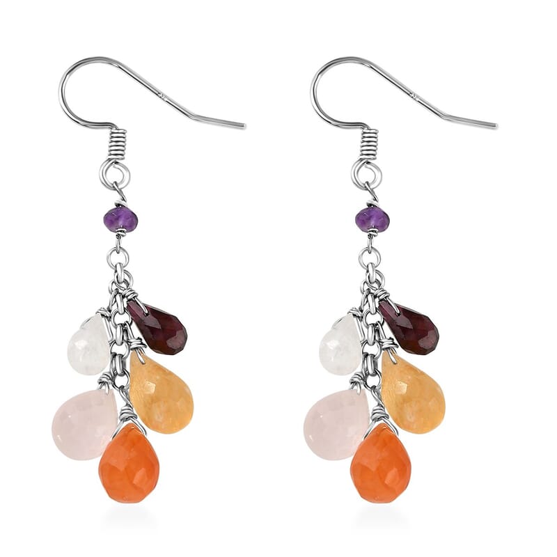 Multi Gemstone Drop Earrings in Rhodium Over Sterling Silver 21.00 ctw