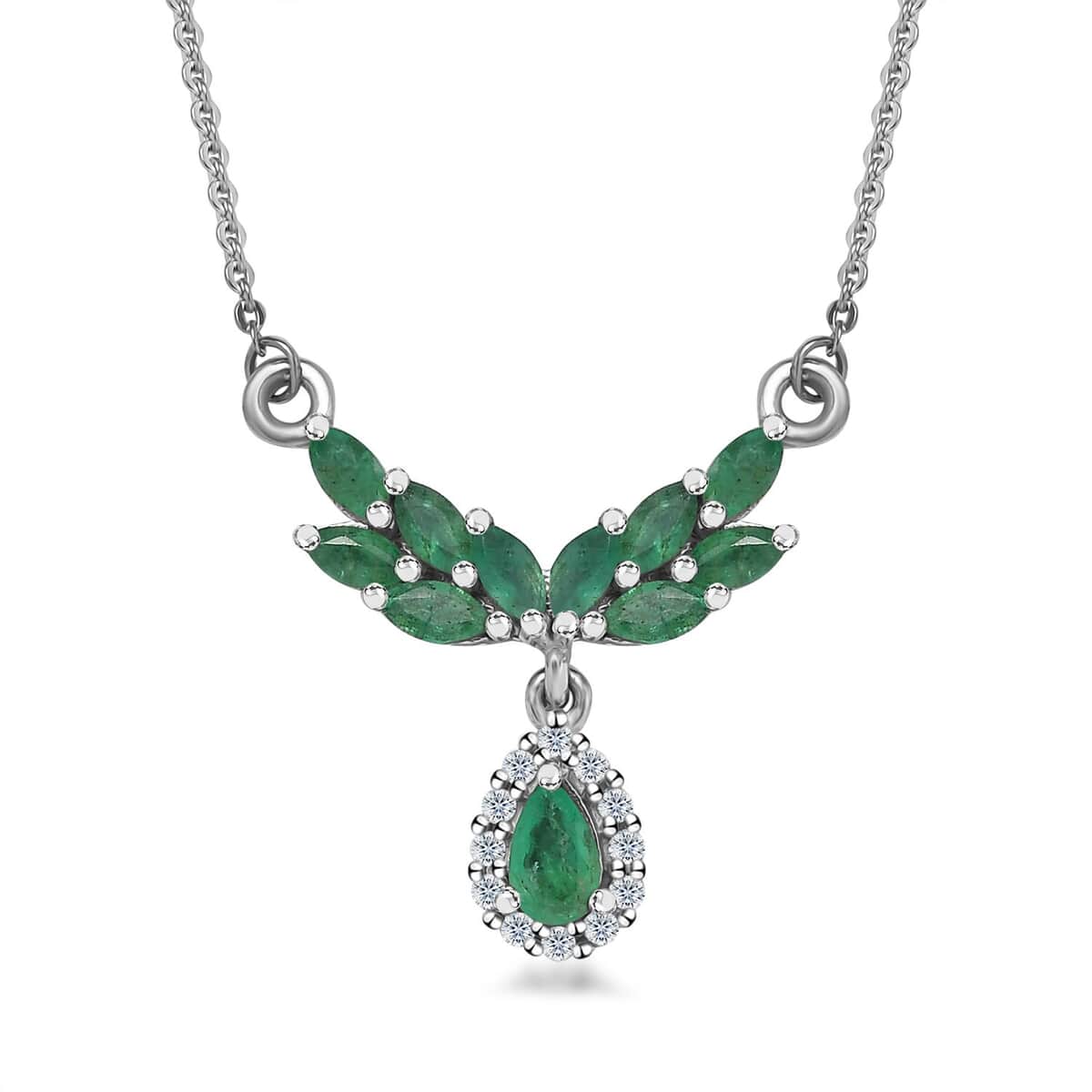 Kagem Zambian Emerald and White Zircon Drop Necklace 18-20 Inches in Platinum Over Sterling Silver 1.10 ctw image number 0