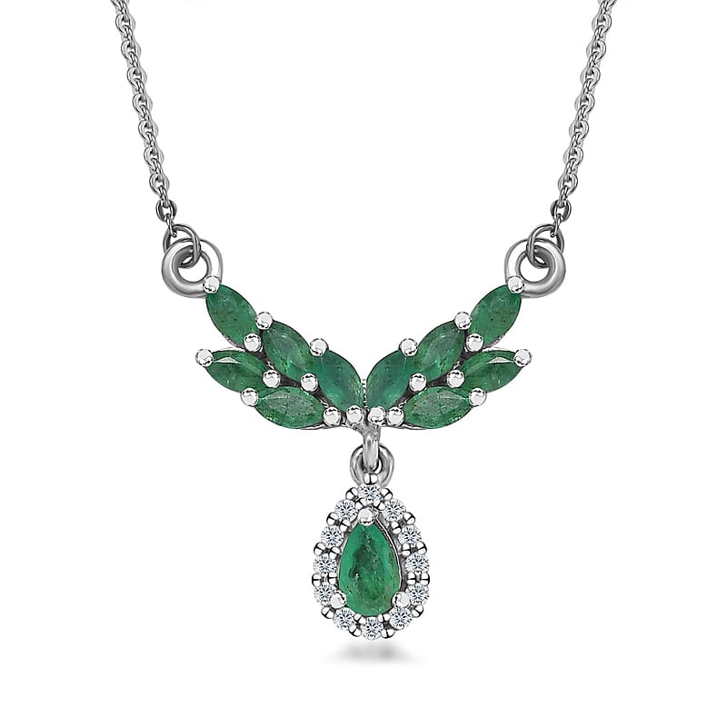 Kagem Zambian Emerald and White Zircon Drop Necklace 18-20 Inches in Platinum Over Sterling Silver 1.10 ctw