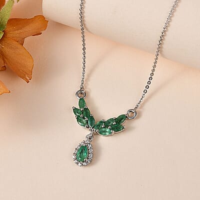 Kagem Zambian Emerald and White Zircon Drop Necklace 18-20 Inches in Platinum Over Sterling Silver 1.10 ctw