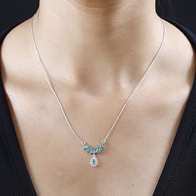 Kagem Zambian Emerald and White Zircon Drop Necklace 18-20 Inches in Platinum Over Sterling Silver 1.10 ctw