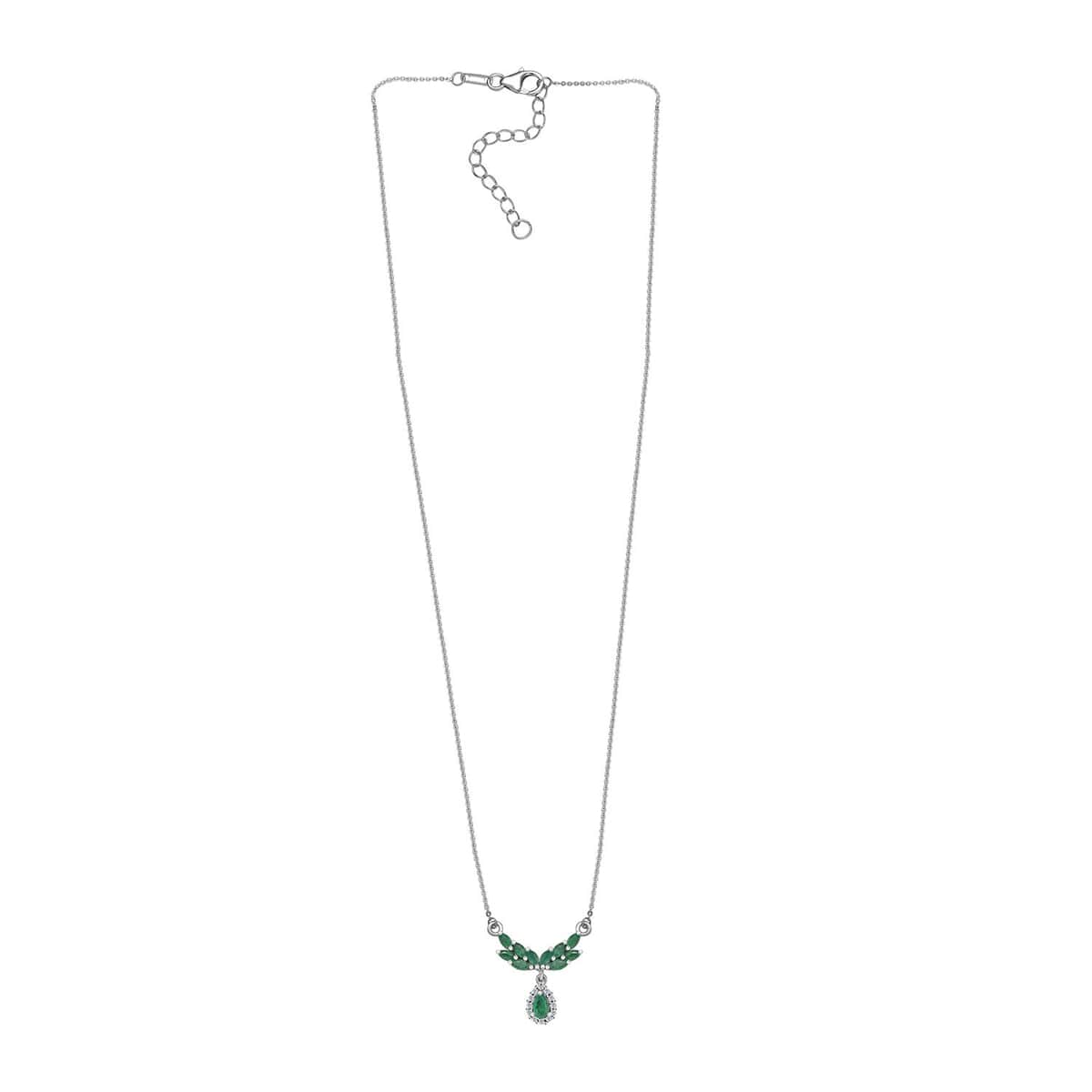 Kagem Zambian Emerald and White Zircon Drop Necklace 18-20 Inches in Platinum Over Sterling Silver 1.10 ctw image number 3