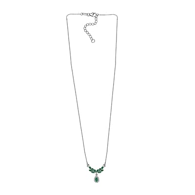 Kagem Zambian Emerald and White Zircon Drop Necklace 18-20 Inches in Platinum Over Sterling Silver 1.10 ctw