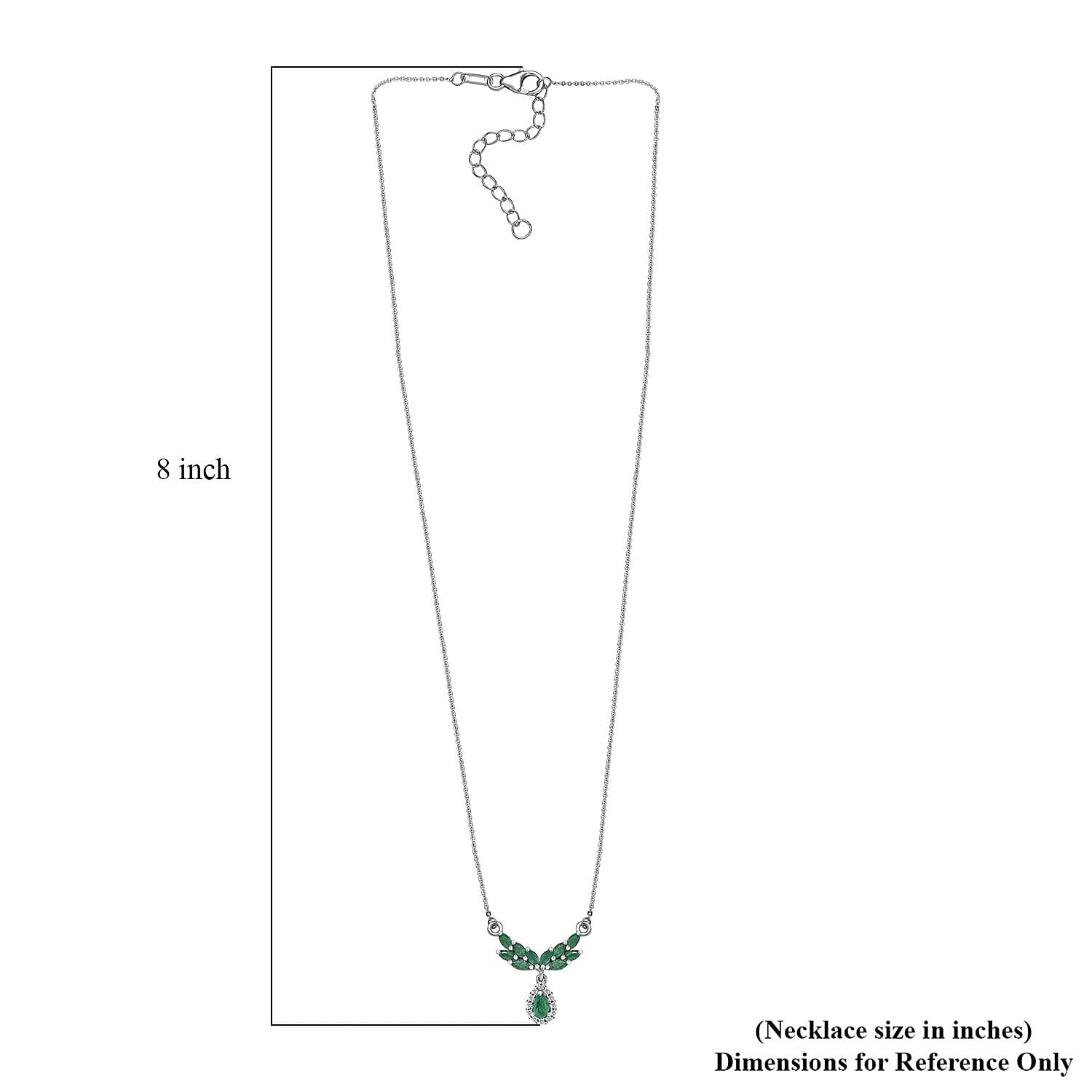 Kagem Zambian Emerald and White Zircon Drop Necklace 18-20 Inches in Platinum Over Sterling Silver 1.10 ctw