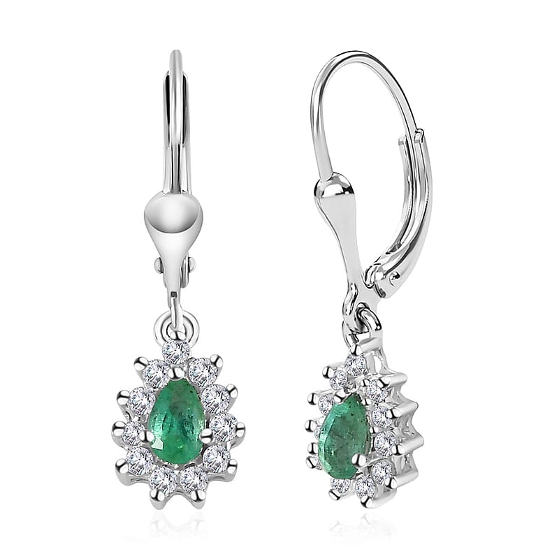 Kagem Zambian Emerald and White Zircon Lever Back Earrings in Platinum Over Sterling Silver 0.80 ctw