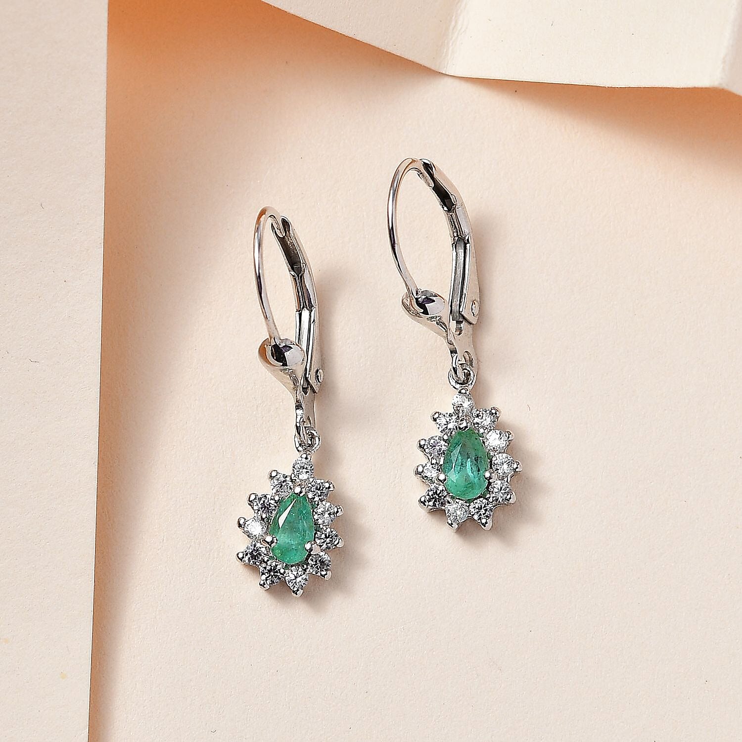 Kagem Zambian Emerald and White Zircon Lever Back Earrings in Platinum Over Sterling Silver 0.80 ctw
