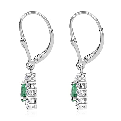 Kagem Zambian Emerald and White Zircon Lever Back Earrings in Platinum Over Sterling Silver 0.80 ctw