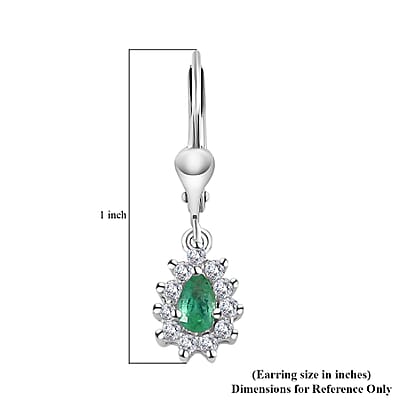 Kagem Zambian Emerald and White Zircon Lever Back Earrings in Platinum Over Sterling Silver 0.80 ctw