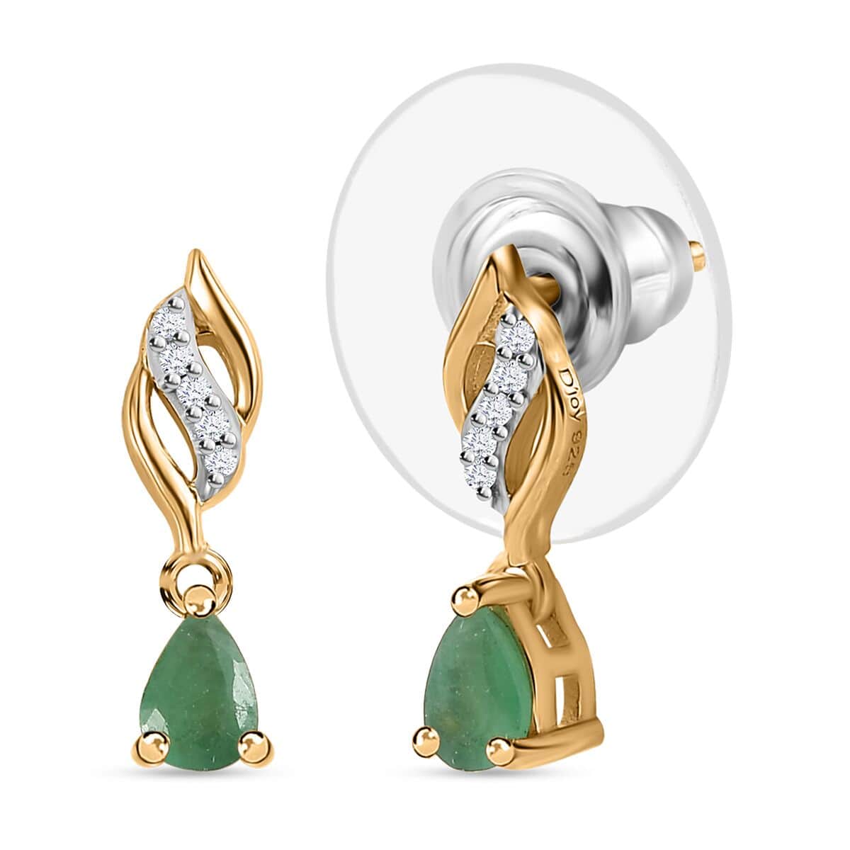 Kagem Zambian Emerald and White Zircon Dangling Earrings in Vermeil Yellow Gold Over Sterling Silver 0.35 ctw image number 0