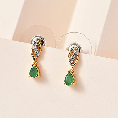Kagem Zambian Emerald and White Zircon Dangling Earrings in Vermeil Yellow Gold Over Sterling Silver 0.35 ctw