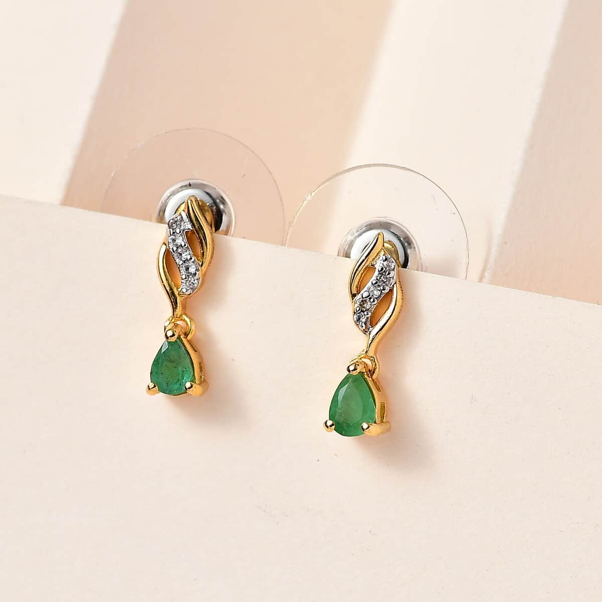 Kagem Zambian Emerald and White Zircon Dangling Earrings in Vermeil Yellow Gold Over Sterling Silver 0.35 ctw image number 1