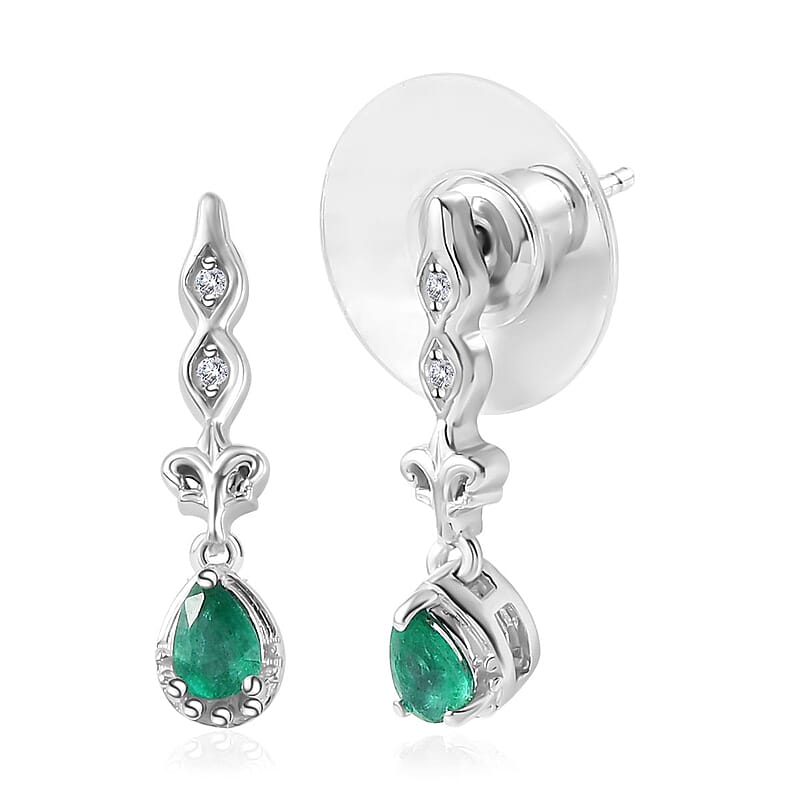 Kagem Zambian Emerald and White Zircon Dangling Earrings in Platinum Over Sterling Silver 0.35 ctw