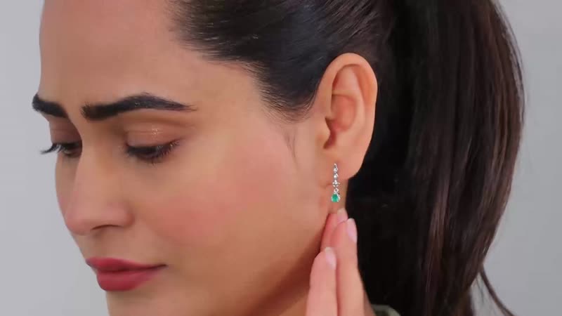 Kagem Zambian Emerald and White Zircon Dangling Earrings in Platinum Over Sterling Silver 0.35 ctw
